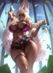 Rule 34 | 1girl, aleriia v, animal ears, arm behind head, artist name, banknote, black shorts, blue bow, blue lips, bow, braid, breasts, breasts apart, choker, commentary, cowboy shot, dark skin, english commentary, from below, highres, holding, holding hair, huge breasts, indoors, looking at viewer, micro shorts, money, navel, nose, original, patreon username, pink top, rabbit ears, rabbit girl, red eyes, scarf, shorts, signature, smile, solo, teeth, thick thighs, thighs, white hair, white scarf, window