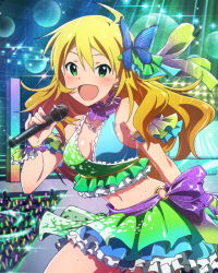 Rule 34 | 10s, ahoge, audience, blonde hair, breasts, bug, butterfly, butterfly hair ornament, choker, cleavage, crop top, frills, glowstick, green eyes, hair ornament, hoshii miki, idolmaster, idolmaster (classic), idolmaster million live!, insect, long hair, looking at viewer, microphone, midriff, navel, official art, open mouth, shiny skin, skirt, smile, solo, wireless