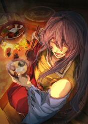 Rule 34 | 1girl, absurdres, bare shoulders, blue sleeves, bonfire, bowl, closed eyes, commentary request, commission, cooking, cooking pot, detached sleeves, double-parted bangs, dress, facing viewer, fire, fisheye, food, from above, grey hair, hair between eyes, highres, holding, holding bowl, holding ladle, indoors, ladle, long bangs, long hair, multicolored clothes, multicolored dress, on floor, open mouth, red dress, sakata nemuno, sitting, skeb commission, smile, solo, steam, syaraku, touhou, very long hair, wide sleeves, wooden floor, yellow dress