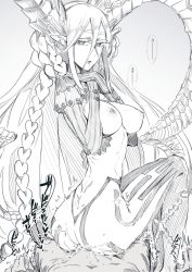 Rule 34 | 1girl, ass, back, blush, bottomless, braid, breasts, cum, elbow gloves, fate/grand order, fate (series), gloves, greyscale, highres, horns, long hair, medium breasts, monochrome, nakamura regura, navel, nipples, open mouth, pointy ears, sex, simple background, symbol-shaped pupils, tiamat (fate), white background, x-shaped pupils