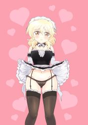 Rule 34 | 1girl, absurdres, bare shoulders, black panties, blonde hair, blush, brown eyes, clothes lift, commission, commissioner upload, dard drak, elbow gloves, gloves, hidamari sketch, highres, lifting own clothes, long hair, looking at viewer, maid, maid headdress, miyako (hidamari sketch), panties, pink background, skirt, skirt lift, smile, solo, thighhighs, underwear
