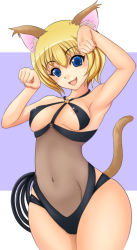 Rule 34 | 1girl, animal ears, areola slip, arm up, bell, blonde hair, blue eyes, blush, breasts, cat ears, cat tail, covered erect nipples, covered navel, cowboy shot, hair between eyes, hand up, highres, looking at viewer, medium breasts, nipples, revealing clothes, see-through, short hair, skindentation, smile, solo, swimsuit, tail, whip, wide hips, yottin