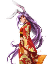 Rule 34 | 1girl, adling, animal ears, rabbit ears, female focus, highres, japanese clothes, kimono, long hair, looking at viewer, nail polish, purple hair, red eyes, reisen udongein inaba, solo, touhou, very long hair, white background