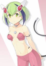 Rule 34 | 10s, 1girl, android, bike shorts, blush, breasts, cable, cable tail, dimension w, green eyes, green hair, headgear, highres, looking at viewer, matching hair/eyes, mechanical tail, multicolored hair, mzrz, navel, pink shorts, short hair, shorts, small breasts, smile, solo, stomach, tail, two-tone hair, yurizaki mira