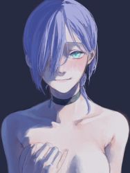 Rule 34 | 1girl, aqua eyes, black choker, blue background, breast lift, chainsaw man, chainsawbomg, choker, collarbone, commentary, completely nude, grenade pin, groping, hair bun, hair over one eye, highres, looking at viewer, medium hair, nude, one eye covered, purple hair, reze (chainsaw man), simple background, single hair bun, solo, swept bangs, upper body