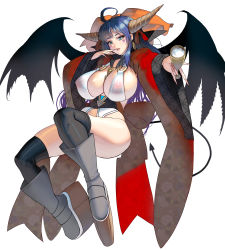 Rule 34 | 1girl, :p, absurdres, ahoge, black thighhighs, blue eyes, blue hair, bow, breasts, cup, demon girl, demon tail, facial mark, hair bow, highres, horns, kouno (masao), large breasts, long hair, looking at viewer, nipples, original, platform footwear, see-through, solo, tail, thighhighs, tongue, tongue out, white background, wide sleeves, wings