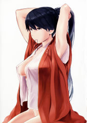Rule 34 | 10s, 1girl, absurdres, adjusting hair, alternate breast size, anchor symbol, armpits, arms up, black hair, black ribbon, blue eyes, bottomless, breasts, cleavage, closed mouth, collarbone, covered erect nipples, cowboy shot, groin, hair ribbon, highres, houshou (kancolle), japanese clothes, kantai collection, kimono, large breasts, long hair, mouth hold, naked kimono, open clothes, open kimono, open shirt, ponytail, ribbon, scan, shirt, simple background, sitting, sleeveless, sleeveless kimono, sleeveless shirt, solo, tying hair, wa (genryusui), white background, white shirt