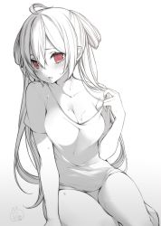 Rule 34 | 1girl, ahoge, bare arms, bare legs, blush, breasts, cleavage, clothes pull, collarbone, gradient background, grey background, hair between eyes, highres, large breasts, long hair, looking at viewer, matoi (pso2), monochrome, no pants, phantasy star, phantasy star online 2, pulled by self, red eyes, ripu (sherypton), shirt, shirt pull, short sleeves, signature, single bare shoulder, sitting, solo, spot color, sweat, t-shirt, white background
