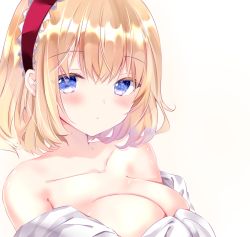 Rule 34 | 1girl, alice margatroid, bad id, bad pixiv id, bare shoulders, blonde hair, blue eyes, blush, breasts, cleavage, closed mouth, collarbone, hair between eyes, hairband, looking at viewer, medium breasts, nanase nao, off shoulder, red hairband, simple background, solo, touhou, upper body, white background