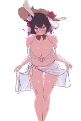 Rule 34 | 1girl, absurdres, animal ears, bare shoulders, bikini, blue eyes, blush, bow, breasts, brown bow, brown hair, brown ribbon, cleavage, curtsey, flower, glasses, hat, hat flower, heart, highres, large breasts, leaning forward, legs together, navel, original, rabbit ears, red flower, red rose, ribbon, rose, see-through, see-through silhouette, simple background, soaringv, solo, stomach, sun hat, swimsuit, thigh gap, thighs, white background, white bikini