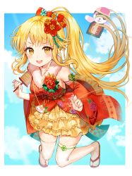 Rule 34 | 1girl, :d, absurdres, alternate hairstyle, bad id, bad pixiv id, bang dream!, blonde hair, blush, bow, corsage, detached sleeves, floral print, flower, flower knot, frilled skirt, frills, fur collar, hair bow, hair flower, hair ornament, highres, holding, japanese clothes, jumping, kimono, long hair, looking at viewer, michelle (bang dream!), obi, open mouth, ponytail, red flower, red kimono, sandals, sash, sidelocks, skirt, smile, solo, thighhighs, thread, tokkyu, tsurumaki kokoro, white thighhighs, yellow eyes, yellow skirt