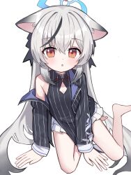 Rule 34 | 1girl, :o, absurdres, ahoge, animal ears, arm support, black bow, black hair, blue archive, blush, bow, cat ears, china dress, chinese clothes, dress, female focus, grey hair, hair bow, halo, highres, kokona (blue archive), layered skirt, long hair, looking at viewer, multicolored hair, pinstripe pattern, red eyes, simple background, single bare shoulder, sitting, skirt, skirt under dress, solo, streaked hair, striped, tadashisa, very long hair, white background, white skirt, yokozuwari