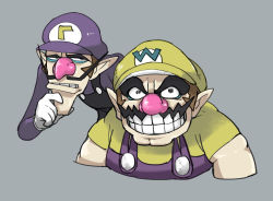 Rule 34 | 2boys, absurdres, big nose, black eyes, blouse, brown hair, cropped torso, gloves, grey background, grin, half-closed eyes, hand on own chin, hand up, hat, highres, long sleeves, looking to the side, male focus, mario (series), mario tennis, multiple boys, nintendo, overalls, parted lips, pointy ears, purple headwear, purple shirt, raised eyebrow, shirt, short hair, short sleeves, simple background, smile, stroking own chin, teeth, tirarizun, upper body, waluigi, wario, wario land, white gloves, yellow headwear, yellow shirt