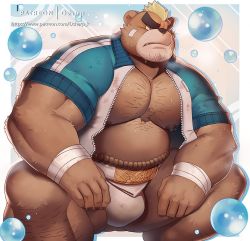 Rule 34 | 1boy, abs, ashigara (housamo), bandaid, bandaid on face, bara, bare pectorals, bear boy, belly, brown fur, bulge, chest hair, dsharp, facial hair, feet out of frame, fundoshi, furry, furry male, green hair, jacket, japanese clothes, large pectorals, male focus, male underwear, muscular, nipples, open clothes, open jacket, paid reward available, patreon username, pectorals, short hair, sideburns, solo, stubble, thick eyebrows, thick thighs, thighs, tokyo houkago summoners, underwear, white male underwear
