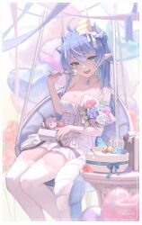 Rule 34 | 1girl, absurdres, ahoge, aqua eyes, aqua nails, balloon, blue flower, blue hair, blue ribbon, blue rose, blurry, bouquet, bow, box, breasts, cake, candle, chair, choker, cleavage, cropped legs, cropped tail, depth of field, double-parted bangs, dragon tail, dress, eating, fangs, flower, food, gift, gift box, hair bow, happy birthday, hat, heart, heart balloon, highres, horns, indie virtual youtuber, jewelry, large breasts, long hair, looking at viewer, midori xu, open mouth, paroniie (vtuber), party hat, pendant, pointy ears, purple ribbon, ribbon, rose, scales, sidelocks, sitting, stuffed toy, tail, thighhighs, virtual youtuber, white bow, white choker, white dress, white thighhighs
