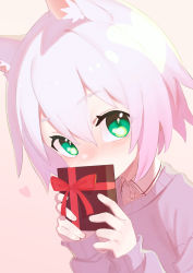 Rule 34 | 1girl, blush, box, female focus, gift, gift box, gradient hair, green eyes, heart, highres, holding, holding gift, lolicom, long sleeves, looking at viewer, multicolored hair, original, purple sweater, shy, sleeves past wrists, solo, sweater, white hair