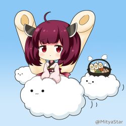 Rule 34 | 1girl, :3, ahoge, blue background, blush, brown hair, chibi, closed mouth, cloud, commentary request, gradient background, headgear, japanese clothes, kimono, kiritanpo (food), long sleeves, looking at viewer, mitya, obi, pink kimono, red eyes, sash, solid circle eyes, solo, touhoku kiritan, twitter username, voiceroid, wide sleeves