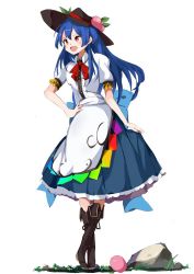 Rule 34 | 1girl, blouse, blue bow, blue hair, boots, bow, brown footwear, cross-laced footwear, crossed legs, dress, dress shirt, food, frilled dress, frills, fruit, full body, hand on own hip, hat, hinanawi tenshi, large bow, long hair, looking away, looking to the side, neck ribbon, open mouth, peach, pleated dress, puffy short sleeves, puffy sleeves, purple eyes, rainbow gradient, rainbow order, red bow, ribbon, rock, shirt, short sleeves, skirt hold, solo, standing, tetsurou (fe+), touhou, very long hair, white background, white shirt
