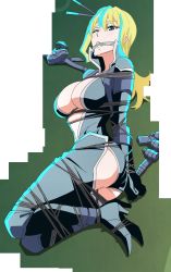Rule 34 | 10s, 1girl, absurdres, ass, bdsm, blonde hair, blue eyes, blush, bodysuit, bondage, boots, bound, breasts, cleavage, female focus, gloves, gradient background, high heels, highres, large breasts, long hair, nancy lee, ninja slayer, one eye closed, saliva, screencap, solo, stitched, thigh boots, thighhighs, third-party edit