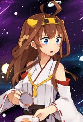 Rule 34 | 10s, 1girl, ahoge, blue eyes, brown hair, cup, hairband, headgear, kantai collection, kongou (kancolle), long hair, nontraditional miko, rimukoro, solo, space, teacup
