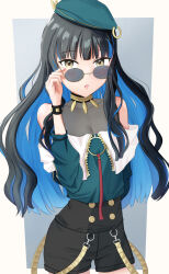 Rule 34 | 1girl, adjusting eyewear, bare shoulders, beret, black hair, blue hair, bracelet, colored inner hair, fate/grand order, fate (series), femto 1015, glasses, green hat, hat, highres, jacket, jewelry, long hair, looking at viewer, multicolored hair, neck ring, off shoulder, round eyewear, shorts, solo, sunglasses, tenochtitlan (fate), tenochtitlan (second ascension) (fate), two-tone hair