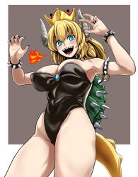 Rule 34 | 1girl, :d, areola slip, armpits, bare shoulders, black nails, blonde hair, blue eyes, blush, bowsette, bracelet, breasts, cleavage, covered erect nipples, covered navel, crown, dress, highres, horns, jewelry, large breasts, leotard, long hair, looking at viewer, mario (series), nail polish, new super mario bros. u deluxe, nintendo, open mouth, pointy ears, ponytail, sharp teeth, smile, solo, spiked bracelet, spikes, super crown, tail, teeth, turtle shell, yaruku