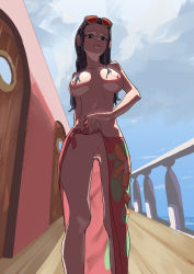Rule 34 | 1girl, absurdres, black hair, breasts, clothes, clothes grab, female focus, fu7444, highres, looking at viewer, medium breasts, nico robin, one piece, pussy, solo, sunglasses, sunglasses on head, topless