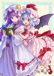 Rule 34 | 2girls, absurdres, ama-tou, arm hug, ascot, bat wings, blue eyes, blue hair, book, brooch, coat, commentary request, crescent, crescent hat ornament, dress, fang, hair ribbon, hat, hat ornament, hat ribbon, highres, jewelry, long hair, long sleeves, mary janes, mob cap, multiple girls, open clothes, open coat, open mouth, patchouli knowledge, pink dress, pink eyes, puffy sleeves, purple dress, purple hair, remilia scarlet, ribbon, shoes, short sleeves, smile, striped clothes, striped dress, touhou, tress ribbon, very long hair, wide sleeves, wings, wrist cuffs