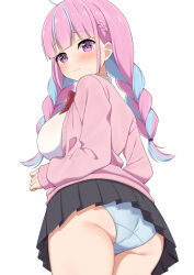 Rule 34 | 1girl, ahoge, ass, black skirt, blue hair, blue panties, blue ribbon, blunt bangs, blush, bow, bowtie, braid, breasts, cardigan, closed mouth, colored inner hair, commentary request, from behind, hair ribbon, highres, hololive, large breasts, light blue hair, long bangs, long hair, long sleeves, looking at viewer, looking back, minato aqua, minato aqua (school uniform), multicolored hair, open cardigan, open clothes, panties, pantyshot, pink cardigan, pink eyes, pink hair, pleated skirt, red bow, red bowtie, ribbon, shirt, simple background, skirt, sleeves past wrists, solo, standing, streaked hair, thighs, twin braids, twintails, two-tone hair, underwear, virtual youtuber, white background, white shirt