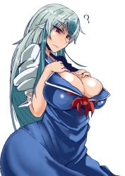 Rule 34 | 1girl, ?, blue dress, blue hair, breasts, cleavage, closed mouth, cowboy shot, dress, from side, frown, hands on own chest, heiseikorotaisei, huge breasts, kamishirasawa keine, long hair, multicolored hair, puffy short sleeves, puffy sleeves, red eyes, short sleeves, sidelocks, silver hair, solo, touhou, two-tone hair