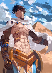 Rule 34 | 1boy, abs, absurdres, bare pectorals, black hair, bob (biyonbiyon), brown gloves, cape, closed mouth, cloud, day, earrings, egyptian, egyptian clothes, fate/grand order, fate/prototype, fate (series), gem, gloves, gold trim, highres, jewelry, male focus, outdoors, ozymandias (fate), pectorals, pyramid (structure), sky, solo, topless male, white cape, yellow eyes
