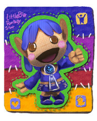 Rule 34 | 1girl, :d, arm up, bad id, bad pixiv id, blue hair, blush stickers, boots, brown eyes, character cutout, clenched hand, copyright name, crop top, crossover, doll, heart, hunewearl, kanipanda, little big planet, long sleeves, midriff, open mouth, parody, phantasy star, phantasy star online, pointy ears, rappy, scar, short hair, short shorts, shorts, smile, solo, stitches, zipper