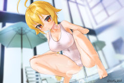 Rule 34 | 1girl, ahoge, artist name, bare shoulders, barefoot, beach chair, beach umbrella, blazblue, blonde hair, blurry, blurry background, blush, breasts, breath, cameltoe, cleavage, collarbone, covered navel, day, dutch angle, es (xblaze), expressionless, feet, female focus, hair between eyes, hands on own knees, hands up, highres, huge ahoge, indoors, kurubushi no katamari, large breasts, leaning forward, long hair, looking at viewer, nipples, one-piece swimsuit, open mouth, pee, peeing, peeing self, ponytail, puddle, red eyes, see-through, shiny skin, sidelocks, signature, solo, spread legs, squatting, steam, swimsuit, twitter username, umbrella, wet, wet clothes, white one-piece swimsuit, window, xblaze, xblaze code: embryo