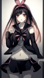 Rule 34 | 1girl, alternate color, bad id, bad pixiv id, black ai, black hair, black skirt, bow, bowtie, commentary request, cowboy shot, detached sleeves, gradient background, green night, groin, hairband, heart, highres, kizuna ai, kizuna ai inc., long hair, looking at viewer, midriff, miniskirt, multicolored hair, navel, open mouth, pink hair, pink hairband, red eyes, sailor collar, shirt, skirt, solo, standing, streaked hair, virtual youtuber