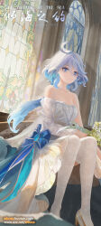 Rule 34 | 1girl, blue eyes, blue hair, dress, furina (genshin impact), genshin impact, highres, light blue hair, long hair, looking at viewer, smile, solo, strapless, wboss, white dress