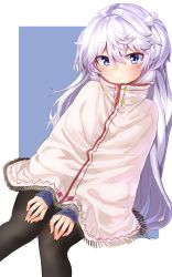 Rule 34 | 1girl, bad id, bad twitter id, black pantyhose, blue eyes, cloak, commentary request, expressionless, fringe trim, highres, long hair, long sleeves, moti yousei, original, pantyhose, silver hair, sitting, solo
