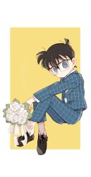Rule 34 | 1boy, black footwear, bouquet, bow, bowtie, child, closed mouth, edogawa conan, flower, formal, hair between eyes, highres, holding, holding bouquet, light blush, light frown, long sleeves, male focus, meitantei conan, rose, short hair, side127, socks, solo, suit, tweed, white bow, white bowtie, white flower, white rose, white socks
