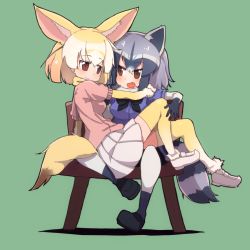 Rule 34 | 10s, 2girls, :d, animal ears, bad id, bad pixiv id, blonde hair, brown eyes, common raccoon (kemono friends), fang, fennec (kemono friends), fox ears, fox tail, green background, grey hair, highres, kemono friends, looking at another, medium hair, miniskirt, multicolored hair, multiple girls, open mouth, pleated skirt, raccoon ears, raccoon tail, simple background, sitting, sitting on lap, sitting on person, skirt, smile, striped tail, tail, teranekosu, thighhighs, white hair, white skirt, yellow legwear