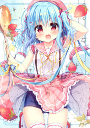 Rule 34 | 1girl, :d, arm up, beret, blue hair, blue one-piece swimsuit, blush, breasts, center frills, collarbone, commentary request, food, food-themed hair ornament, frills, fruit, hair between eyes, hair ornament, hair ribbon, hairclip, hanamiya natsuka, hand up, hat, holding, holding spoon, looking at viewer, old school swimsuit, one-piece swimsuit, open mouth, original, oversized object, pink hat, pink skirt, plaid, plaid skirt, red eyes, red ribbon, ribbon, school swimsuit, shirt, skirt, small breasts, smile, solo, spoon, strawberry, strawberry hair ornament, swimsuit, swimsuit under clothes, thighhighs, two side up, white shirt, white thighhighs