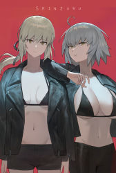Rule 34 | 2girls, absurdres, ahoge, artoria pendragon (all), artoria pendragon (fate), bikini, bikini top only, black bikini, black jacket, black shorts, breasts, cleavage, collarbone, fate/grand order, fate/stay night, fate (series), highres, hood (james x), jacket, jeanne d&#039;arc (fate), jeanne d&#039;arc alter (avenger) (fate), jeanne d&#039;arc alter (fate), large breasts, long hair, long sleeves, looking at viewer, medium breasts, multiple girls, navel, open clothes, open jacket, ponytail, red background, saber alter, short hair, short shorts, shorts, sidelocks, silver hair, swimsuit, yellow eyes