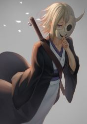 Rule 34 | 1girl, arm at side, backlighting, bell, blonde hair, broken, broken mask, collarbone, eyelashes, flat chest, floating hair, from above, from side, grey background, hands in opposite sleeves, haori, highres, hiiragi (natsume), holding, holding mask, horns, japanese clothes, jingle bell, ju go (toamariitutu), long sleeves, looking at viewer, mask, natsume yuujinchou, obi, one eye covered, sash, single horn, sleeves past wrists, solo, wide sleeves