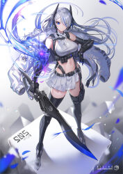 Rule 34 | 1girl, armored boots, bare shoulders, belt, belt pouch, black belt, black gloves, black thighhighs, blue eyes, blue hair, boots, breasts, buckle, chest harness, closed mouth, commentary request, crop top, elbow gloves, floating hair, flower, full body, fur-trimmed jacket, fur trim, gauntlets, gloves, grey hair, grey shirt, groin, hair between eyes, half-skirt, harness, headgear, highres, holding, holding sword, holding weapon, jacket, large breasts, long hair, looking at viewer, mecha musume, midriff, multicolored hair, navel, original, pleated skirt, pouch, shadow, shirt, sidelocks, skindentation, skirt, sleeveless, sleeveless shirt, snap-fit buckle, solo, standing, streaked hair, sword, t-track, taut clothes, taut shirt, thighhighs, two-tone hair, underbust, unworn jacket, weapon, white jacket, white skirt, zettai ryouiki