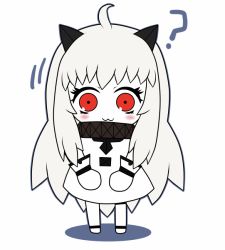 Rule 34 | 10s, 1girl, :3, ?, abyssal ship, ahoge, blush, chibi, colored skin, dress, horns, kantai collection, long hair, looking at viewer, marusen, mittens, northern ocean princess, red eyes, solo, white dress, white hair, white skin
