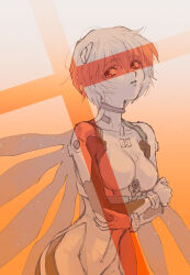Rule 34 | 1girl, absurdres, ayanami rei, cross, crossed arms, expressionless, highres, looking to the side, matsuko (mrimri3), neon genesis evangelion, parted lips, plugsuit, red eyes, short hair, solo, spot color, upper body, wings