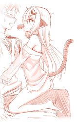Rule 34 | 1boy, 1girl, animal ears, ass, blush, cat ears, cat girl, cat tail, dress shirt, from side, full-face blush, holding, holding clothes, long hair, monochrome, mouth hold, naked shirt, necktie, original, shirt, sketch, straddling, sweatdrop, sweater vest, tail, thighs, unname