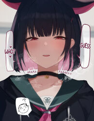 Rule 34 | 1girl, ?, alternate language, animal ears, black choker, black hair, black jacket, blue archive, blunt bangs, blunt ends, blush, bob cut, breath, cat ears, choker, collarbone, colored inner hair, commentary request, dio nand, doodle sensei (blue archive), english text, extra ears, guess who, hair ornament, hairclip, half-closed eyes, halo, heart, heavy breathing, highres, hood, hooded jacket, jacket, kazusa (blue archive), looking at viewer, multicolored hair, neckerchief, parted lips, pink eyes, pink hair, pink neckerchief, portrait, sensei (blue archive), short hair, solo, speech bubble, spoken character, spoken heart, spoken question mark, two-tone hair