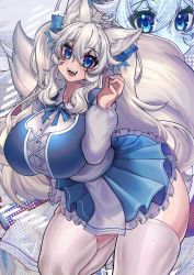 Rule 34 | 1girl, absurdres, animal ear fluff, animal ears, blue eyes, blue skirt, breasts, commentary, curvy, english commentary, highres, huge breasts, indie virtual youtuber, long hair, lumi (merryweather), merryweather, osiimi, second-party source, skirt, smile, solo, tail, thick thighs, thighhighs, thighs, twintails, very long hair, virtual youtuber, white hair, white thighhighs, wide hips, wolf ears, wolf girl, wolf tail, zettai ryouiki, zoom layer