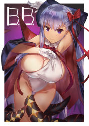 Rule 34 | 1girl, areola slip, arm behind head, armpits, bb (fate), bb (fate) (all), bb (swimsuit mooncancer) (fate), bb (swimsuit mooncancer) (third ascension) (fate), black coat, bow, bowtie, breasts, character name, cleavage, closed mouth, clothes pull, clothing aside, coat, fate/grand order, fate (series), gloves, hair bow, highres, kakumayu, large breasts, long hair, looking at viewer, one-piece swimsuit, one-piece swimsuit pull, purple background, purple eyes, purple hair, red bow, smile, solo, swimsuit, swimsuit aside, tentacles, thigh gap, thighs, white gloves, white one-piece swimsuit