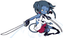 Rule 34 | 10s, 1girl, alternate costume, animification, blue skin, chibi, colored skin, dual wielding, female focus, full body, holding, marvel, najimi shin, nocturne (x-men), pointy ears, revision, sketch, solo, sword, tail, weapon, x-men