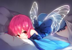 Rule 34 | 1girl, ass, bad id, bad twitter id, bare shoulders, blanket, blush, butterfly wings, chiroru (cheese-roll), covered mouth, covering face, detached sleeves, embarrassed, highres, indoors, insect wings, japanese clothes, long sleeves, looking at viewer, no headwear, obi, on bed, pillow, pink hair, red eyes, saigyouji yuyuko, sash, see-through, shadow, shy, solo, touhou, wide sleeves, wings